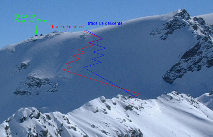 Itinéraire de montée au bivouac des Pantalons Blanc (~3300) depuis le Glacier des Ecoulaises