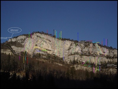 Vue des quelques longues voies de Plagne en Suisse. Vue des quelques longues voies de Plagne en Suisse.