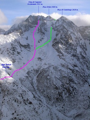 I 2 itinerari alla cima di Cagamei  Occ. 2913 m e al Pizzo Drùet  2868 m, visti dal Pizzo Culdera 2176 m.