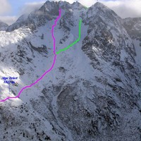 I 2 itinerari alla cima di Cagamei  Occ. 2913 m e al Pizzo Drùet  2868 m, visti dal Pizzo Culdera 2176 m.