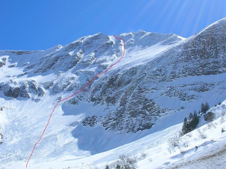 La face dans sa totalité avec en rouge l'itinéraire emprunté