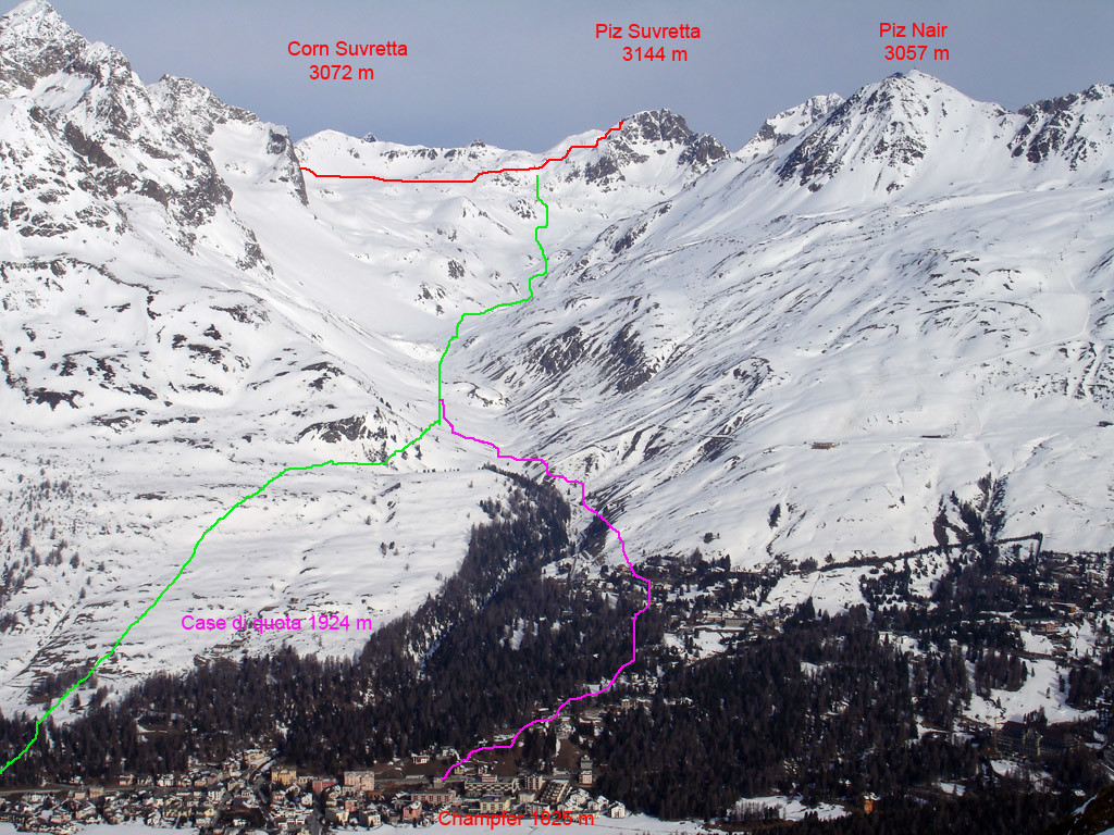 La discesa dalla Valle Suvretta da St. Murazzan, verso Champfèr.
