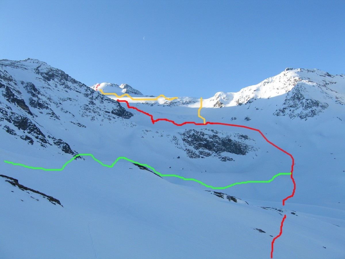 La salita, con la variante ripida, vista dal primo salto per superare il ghiacciaio