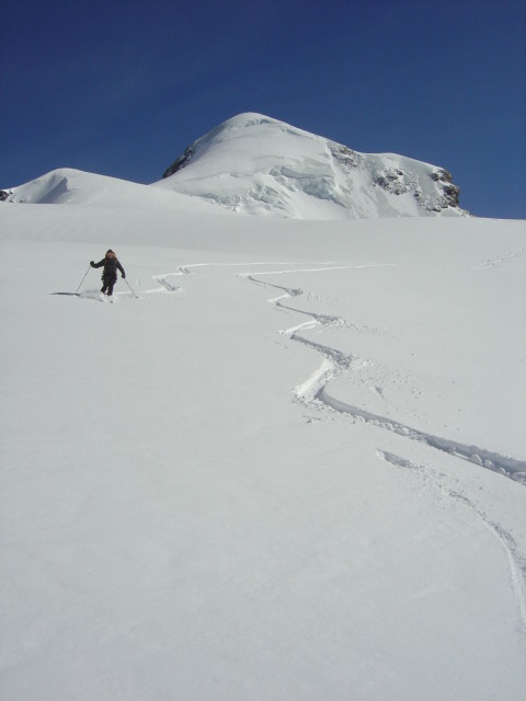 Descente du Schwarztor par neige vierge, au fond le Pollux