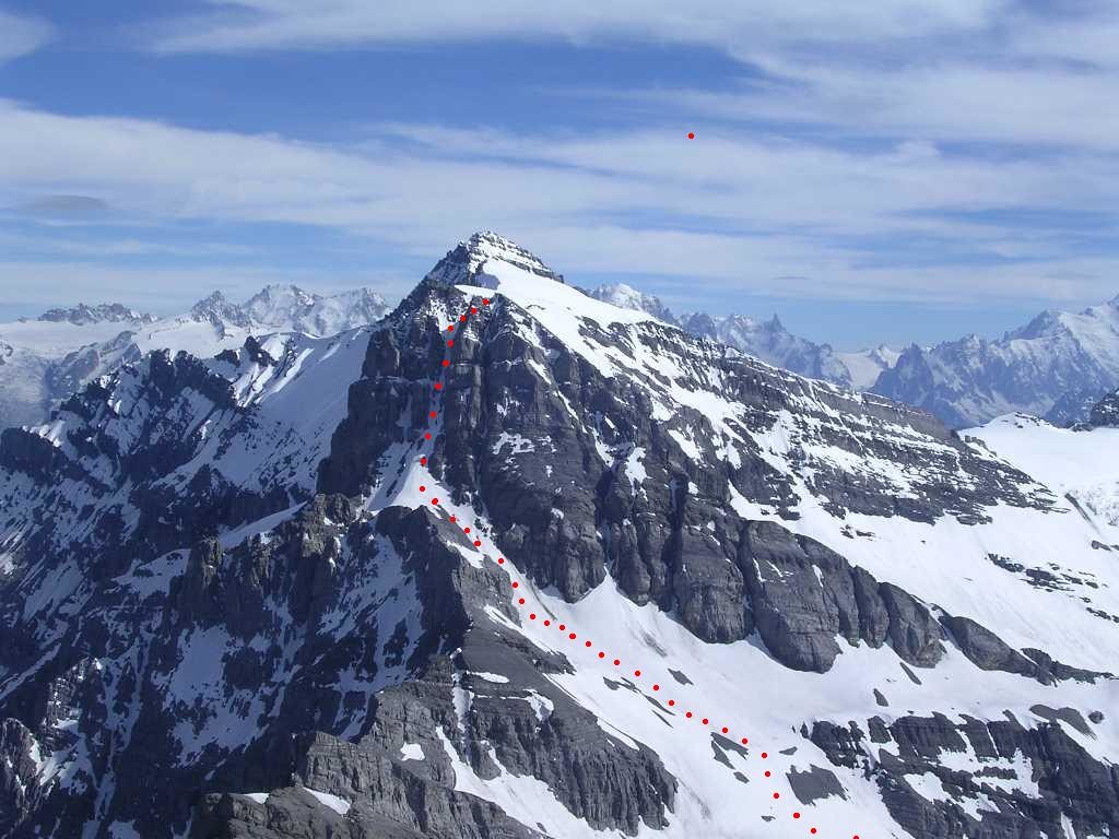 Couloir Hug - photo prise en parapente avec tracé depuis le vallon de susanfe.