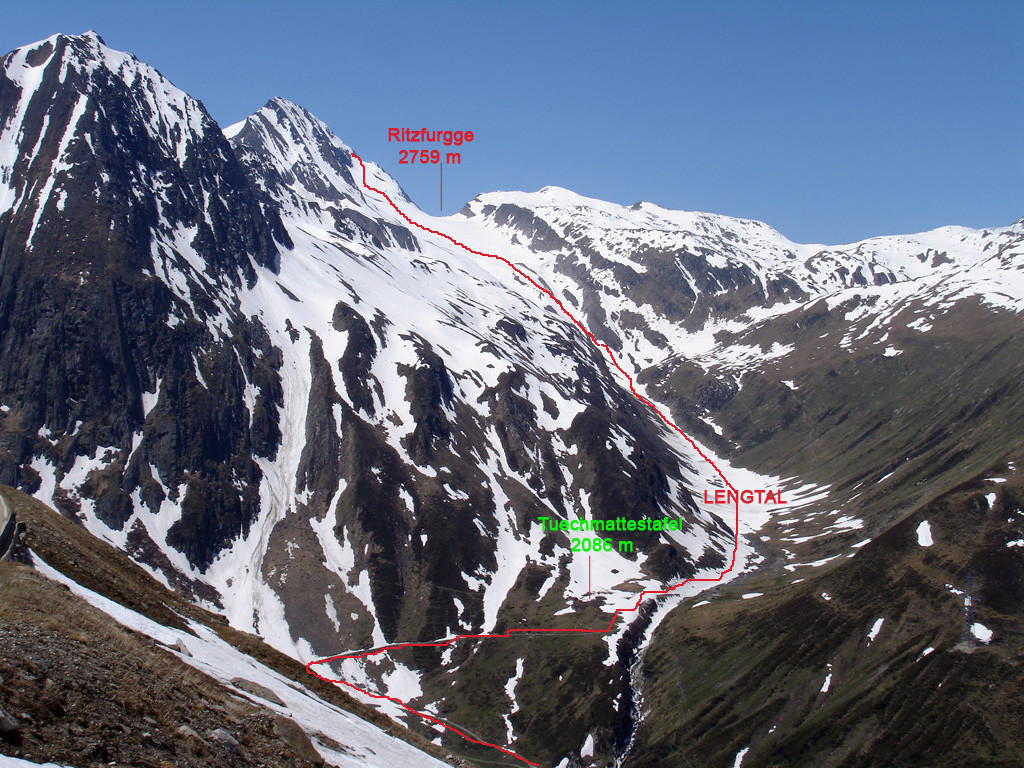 L'itinerario di salita al Ritzhörner 3111 m dalla Lengtal (Vallese).