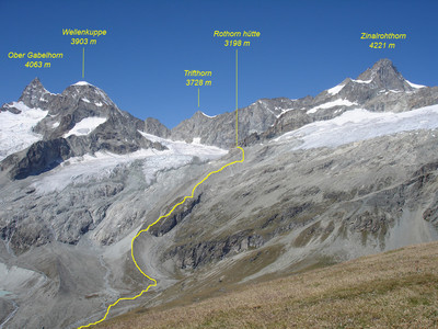 L'Ober Gabelhorn  e lo Zinalrothorn da Est con la conca della Rothorn hütte vista dal Wisshorn 2936 m.