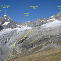 L'Ober Gabelhorn  e lo Zinalrothorn da Est con la conca della Rothorn hütte vista dal Wisshorn 2936 m.