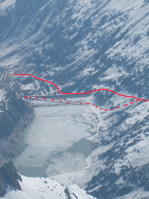 Notre itinéraire le long du Göscheneralpsee (en pointillé variante + sûre sans doute)