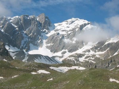 Le Grand Galibier da Les Mottets. Il Couloir nord, glacier du Clapiere Le Grand Galibier da Les Mottets. Il Couloir nord, glacier du Clapiere