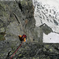 Agnès à la sortie de la cheminée de la Voie Ottoz à l'Aiguille Croux 