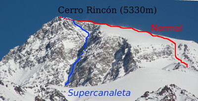 Parte alta de la supercanaleta y la loma E (normal) del Cerro Rincon (Cordon del Plata) en agosto 2008