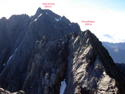 Dalla cima del Dente di Coca la cima d'Arigna 2926 m ed il Pizzo di Coca 3050 m. Dalla cima del Dente di Coca la cima d'Arigna 2926 m ed il Pizzo di Coca 3050 m.