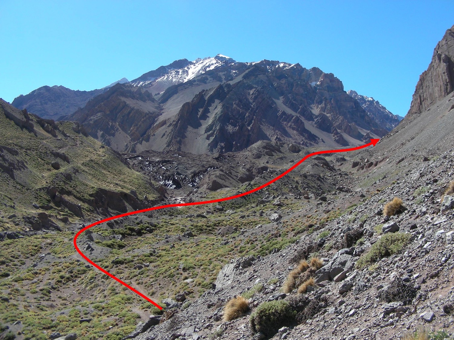 Pasando Confluencia, seguir la senda en direccion a la pared S del Aconcagua