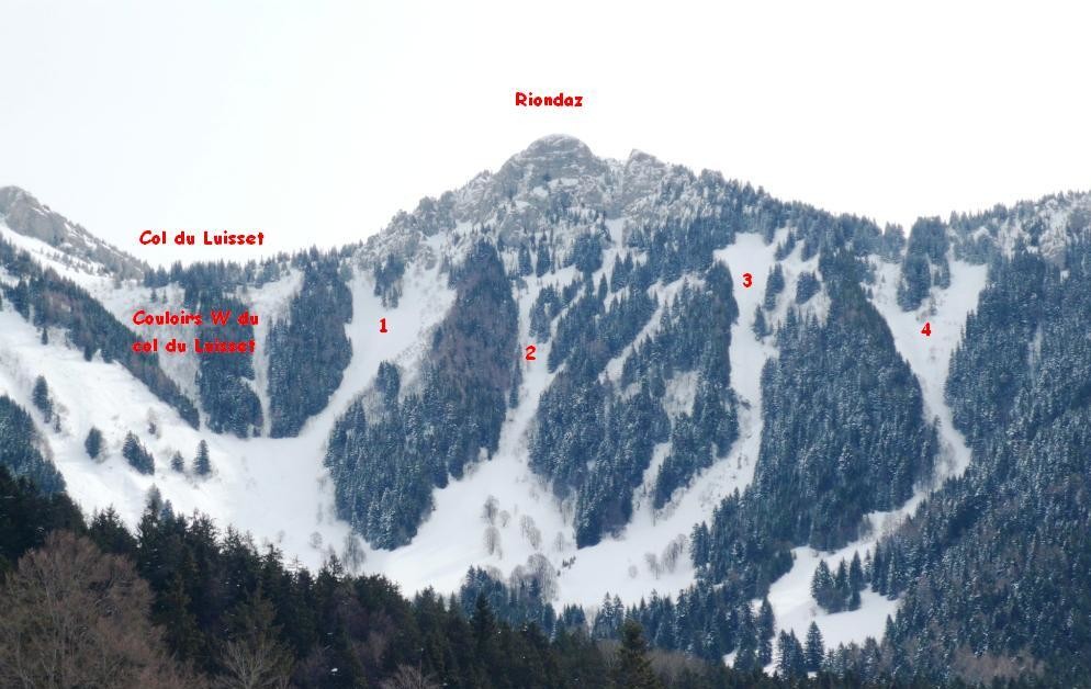 Col du Luisset et Riondaz : les couloirs vus de Luan