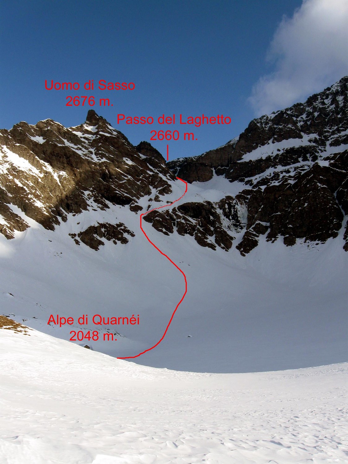 il passaggio delicato sopra l'Alpe di Quarnéi per arrivare al passo del Laghetto