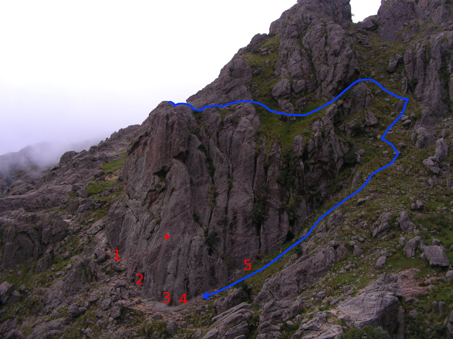 El Mogote Zuriaga (Los Gigantes): en azul el camino de bajada.