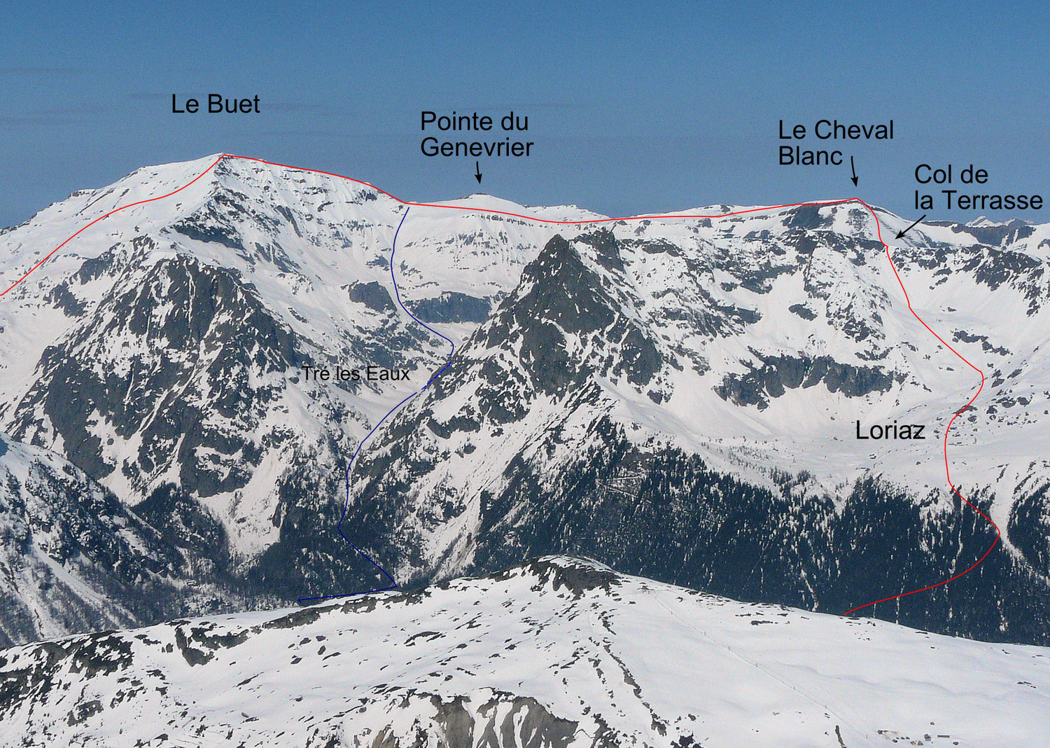 Le Buet en traversée depuis Loriaz ou Emosson En bleu parcours de repli si l'arête NE du Buet ne passe pas.