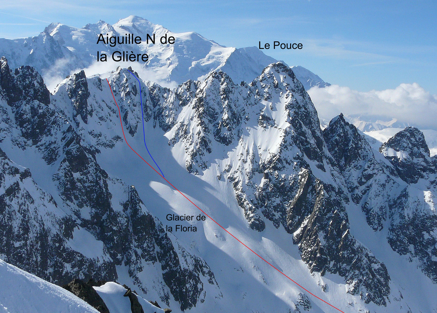 Couloir NW (en rouge) et N (en bleu) de l'Aiguille N de la Glière