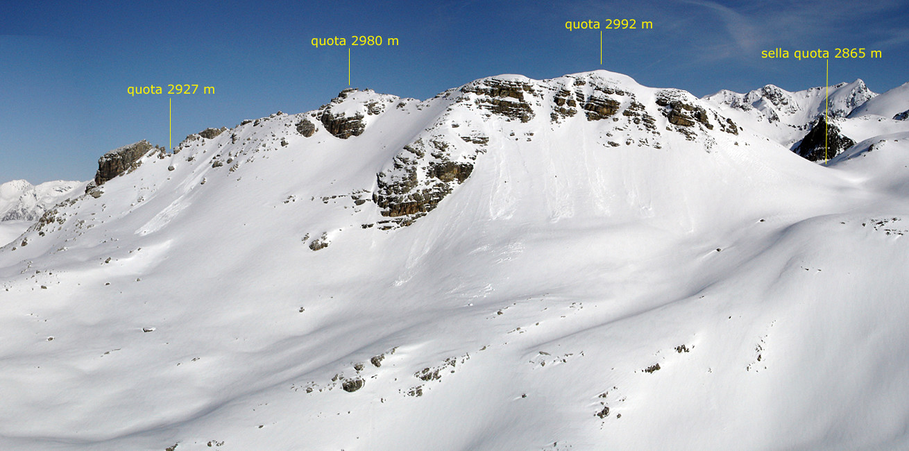 Corn Alv 2992 m; il versante SE e le varie quote della montagna.