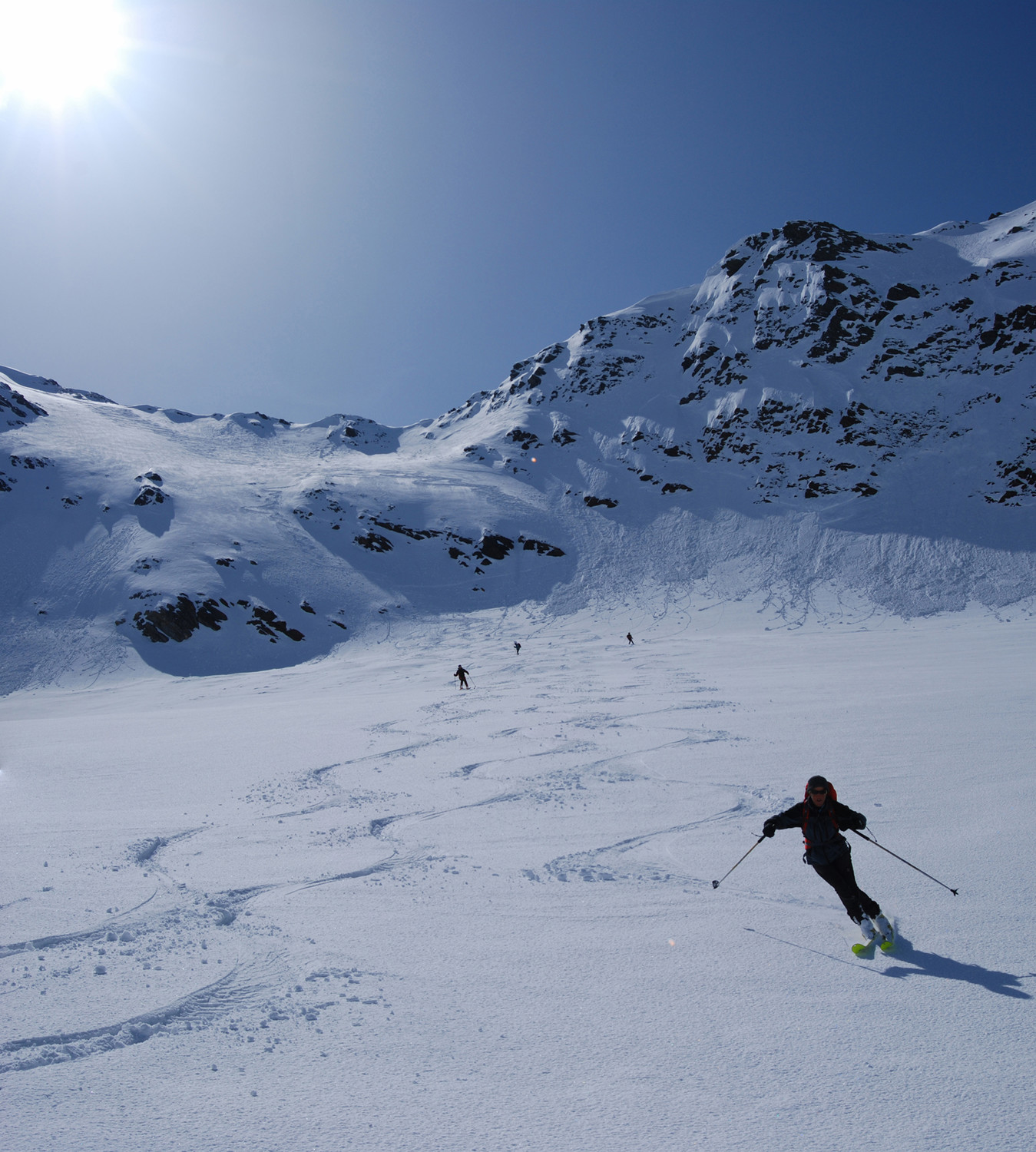 Nadia (Scricciolo) sulla Vedret Valtorta scendendo dal Piz Fless 3020 m.