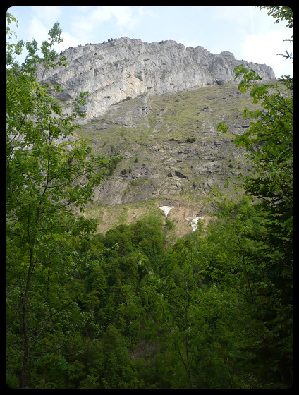 Sous le refuge du Folly, à travers la forêt, de petites ouvertures donnent sur l'imposant Tuet, en face.