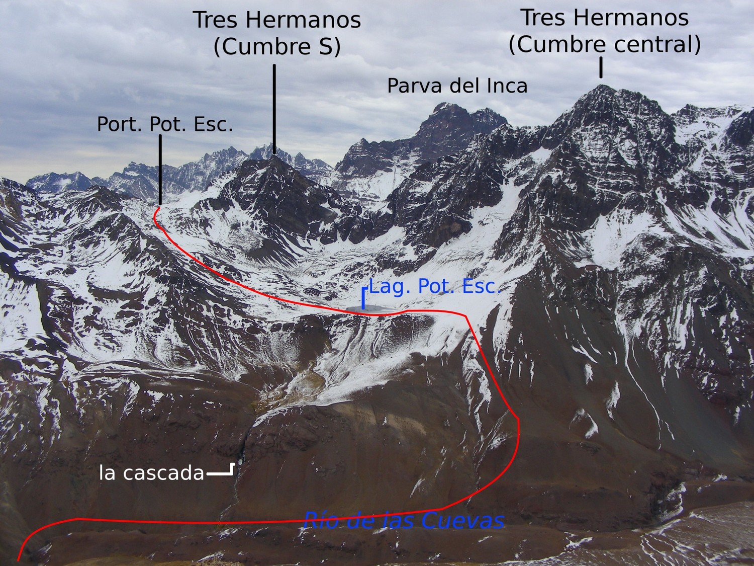 Itinerario aproximado de subida al portezuelo del potrero escondido