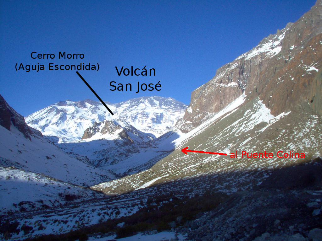 La aguja escondida (= Cerro Morro) frente al San José, desde el camino al Puente Colina