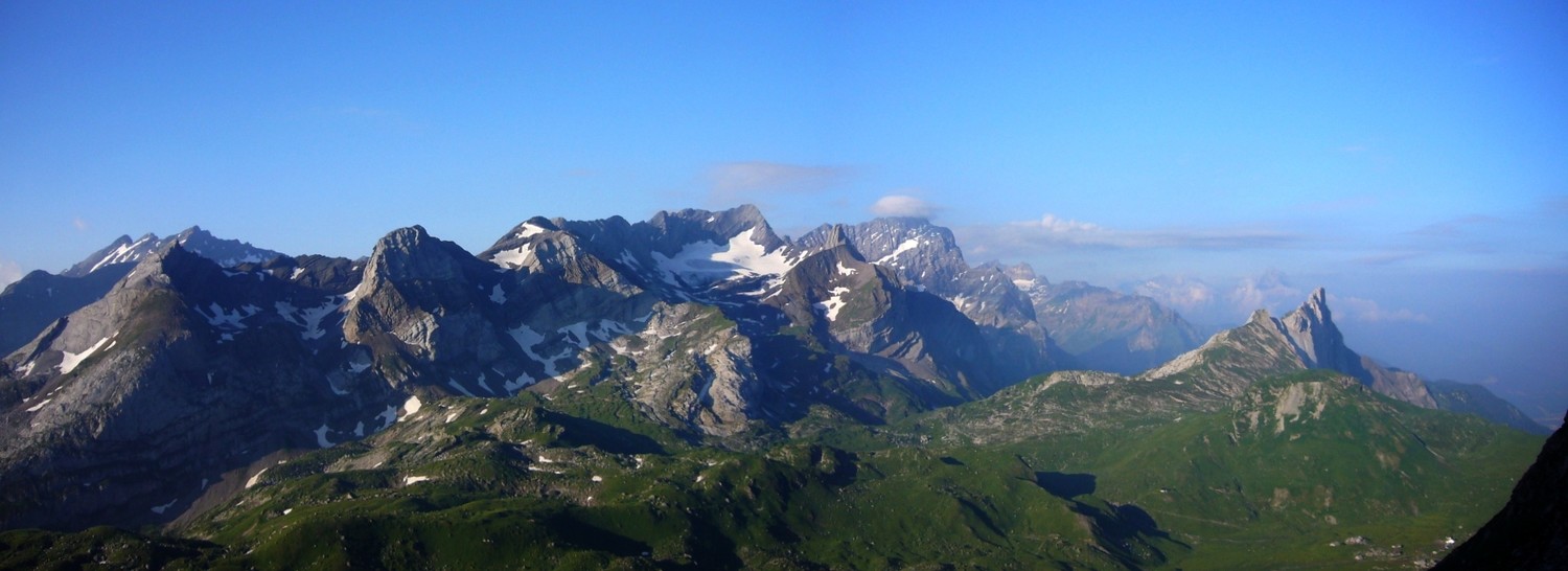 Panorama depuis le Col du Refuge en direction du Grand Muveran, Tête à Pierre Grept, Pierre qu'Aboste, Argentine...