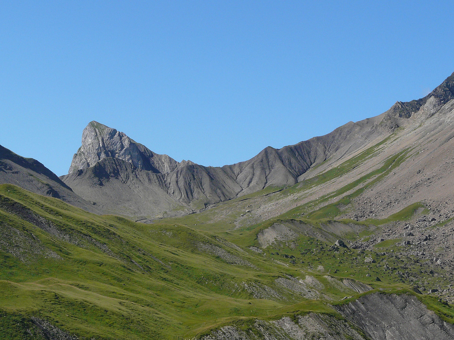Combe des Fours : Le col de Portette à l'extrémité gauche de la crête devant la Miaz en fond