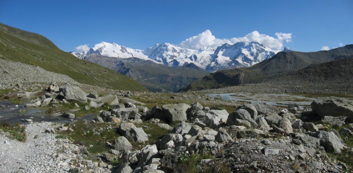 Mont Rose, Liskamm, Breithorn depuis le vallon du Trift