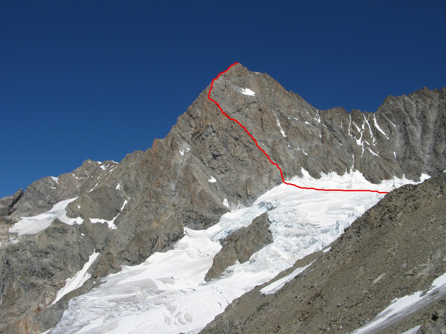 Tracé de l'arête SE au Schreckhorn