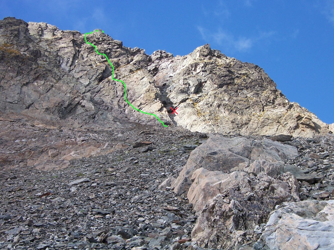 Itinéraire de l'escalade sommitale (cheminée-couloir)