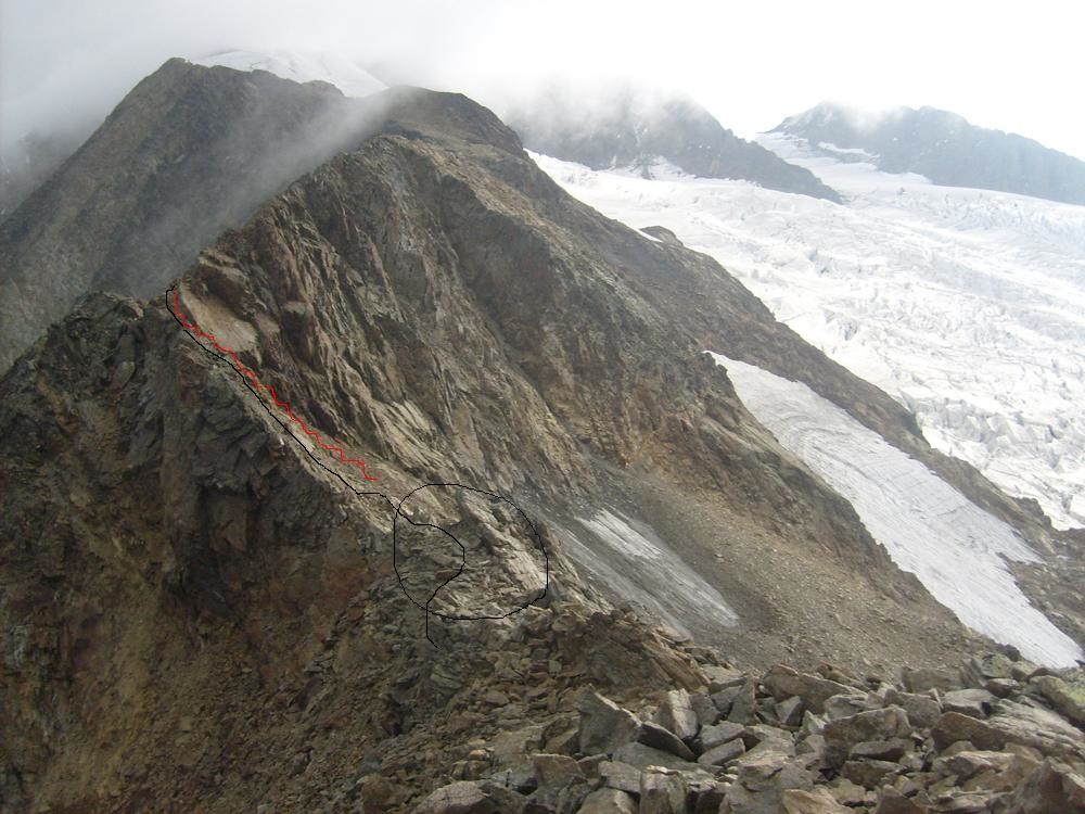 Cercle noir: col des Glaciers, d'où part le bon chemin descendant. En rouge direction chemins merdiques! Trait noir tracé du parcour d'arête