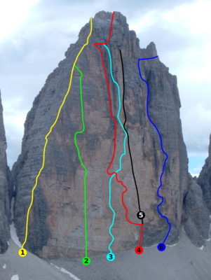 Itinéraires de la face N de la Cima Grande Itinéraires de la face N de la Cima Grande