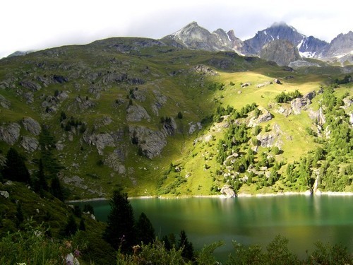 VANOISE_Aussois, coucher de soleil sur le lac Plan d'amont (Grand Châtelard et Pointe de la Fournache, à l'arrière-plan)