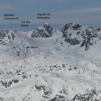 Col des Dards et aiguille N des Crochues (en rouge itinéraire classique, en bleu variante montée)