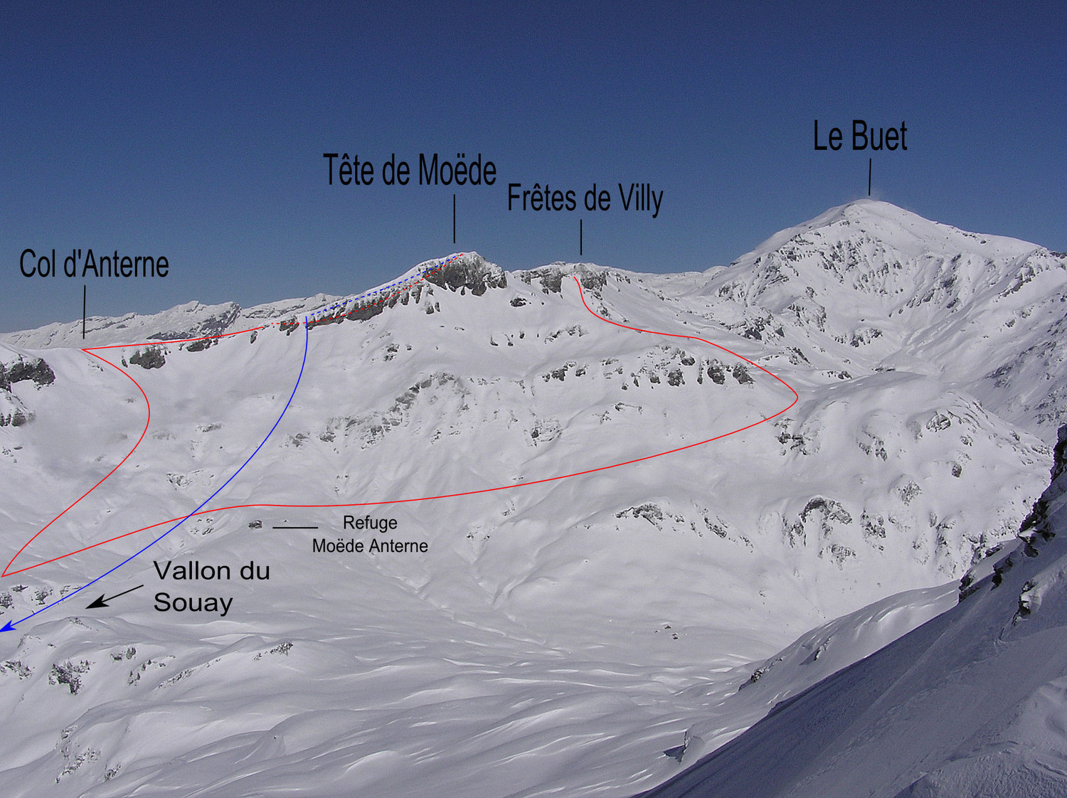 Itinéraires Frêtes de Villy et Tête de Moëde (en bleu la descente par le Souay)