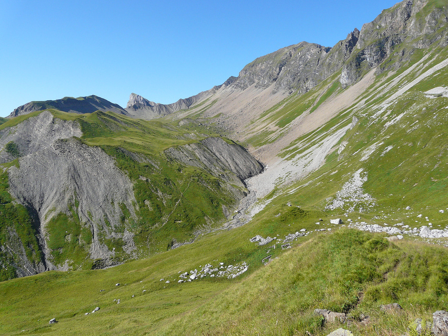La combe des Fours : Le passage de la Grande Forclaz à l'extrémité à droite et à gauche le col de Portette