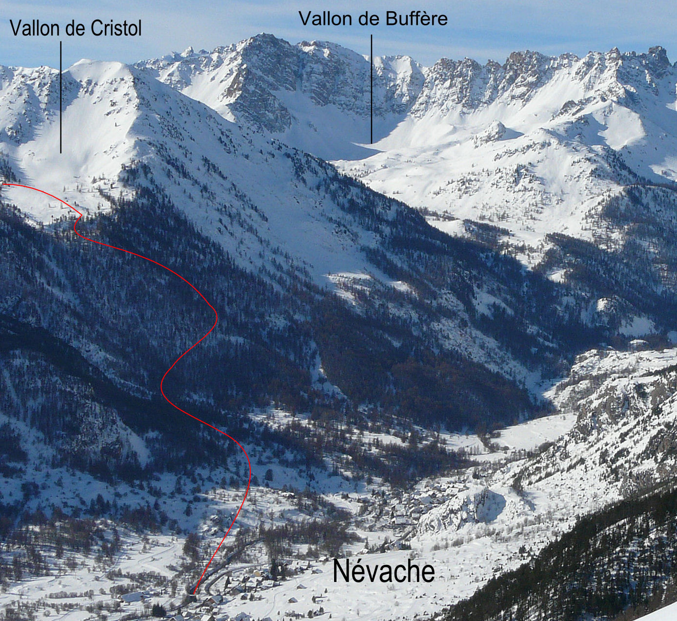 Accès par la forêt au vallon de Cristol (itinéraire simplifié, il y a beaucoup plus de virages)