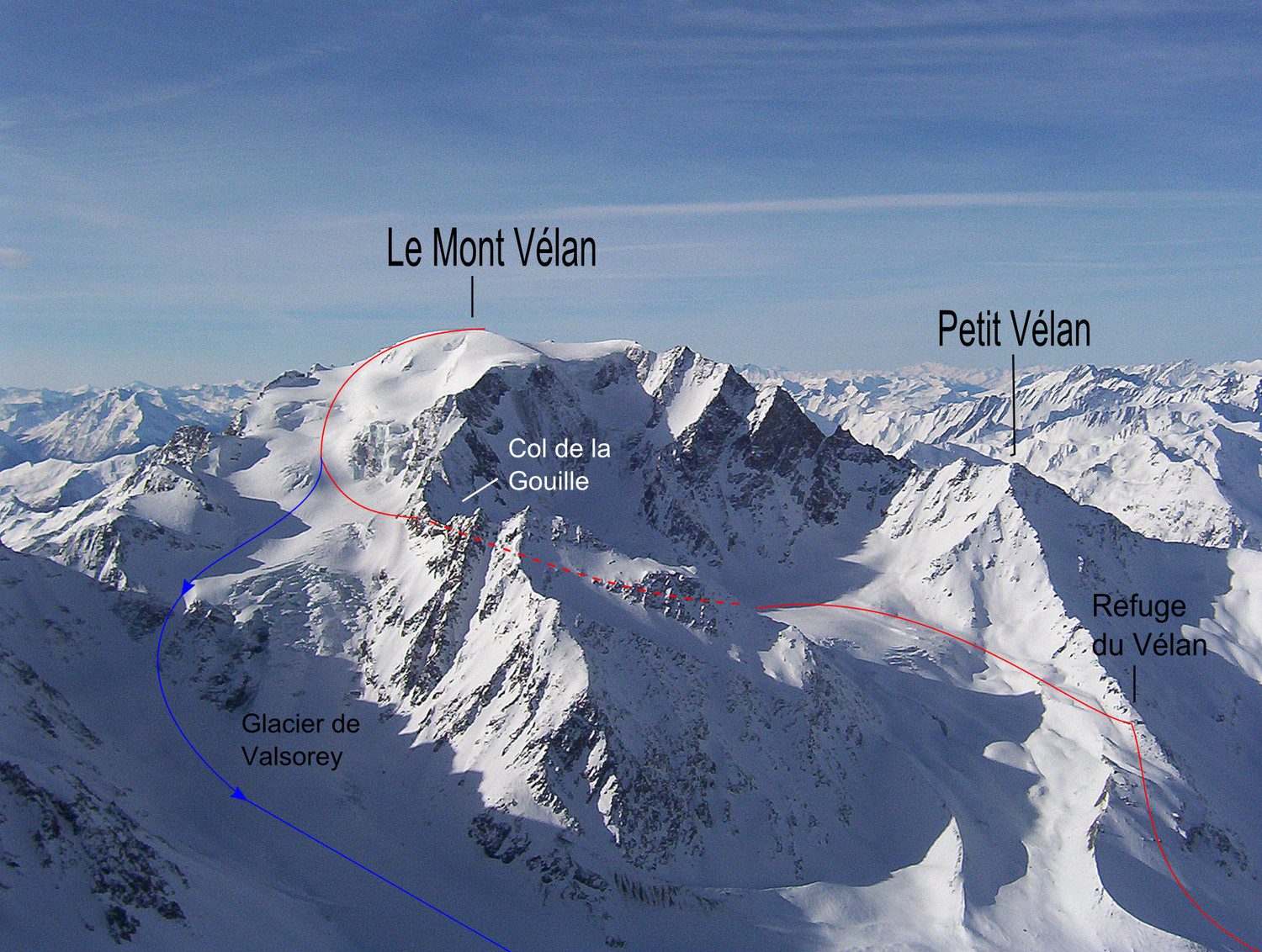 Le Mont Vélan : Voie Normale (tracé rouge) Variante descente (tracé bleu)
