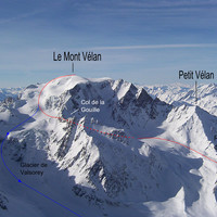 Le Mont Vélan : Voie Normale (tracé rouge) Variante descente (tracé bleu)