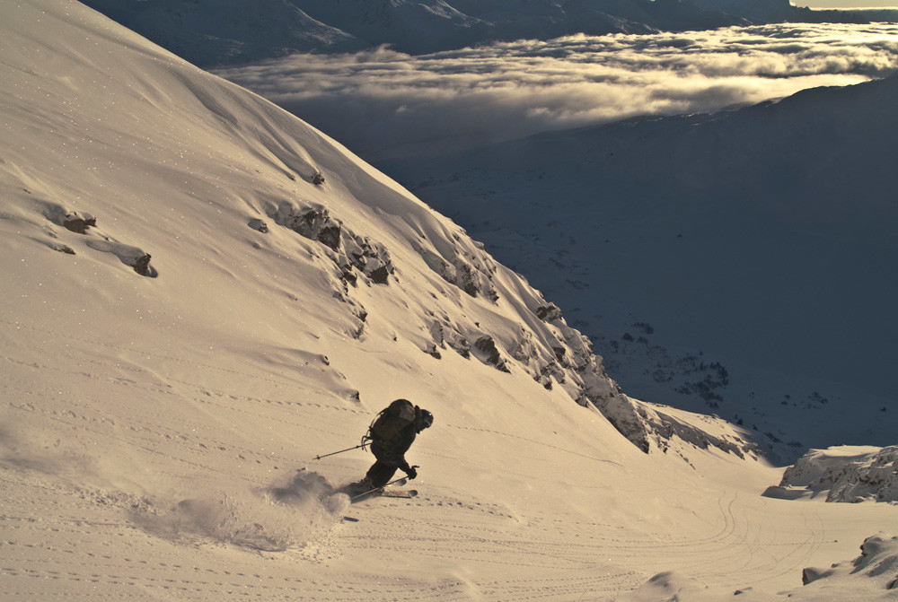 Fraser gully, descente sous le soleil couchant