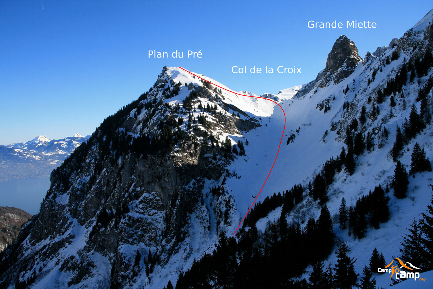 Plan du Pré par le col de la Croix depuis la Planche