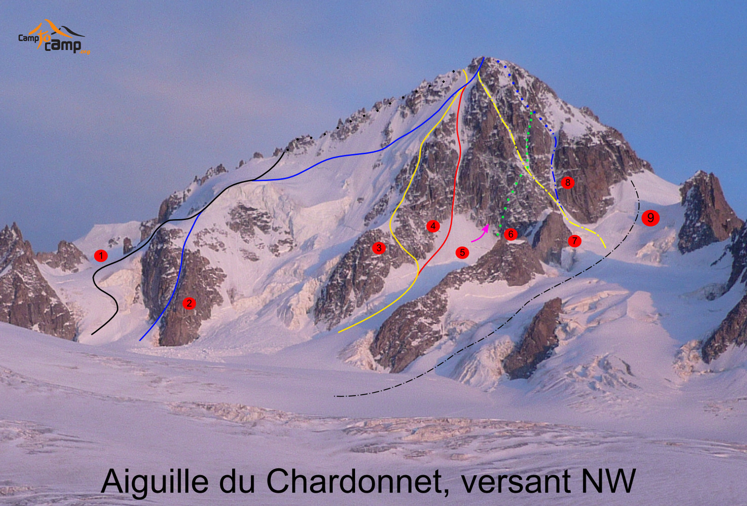 Topo : Chardonnet, principaux itinéraires du versant NW