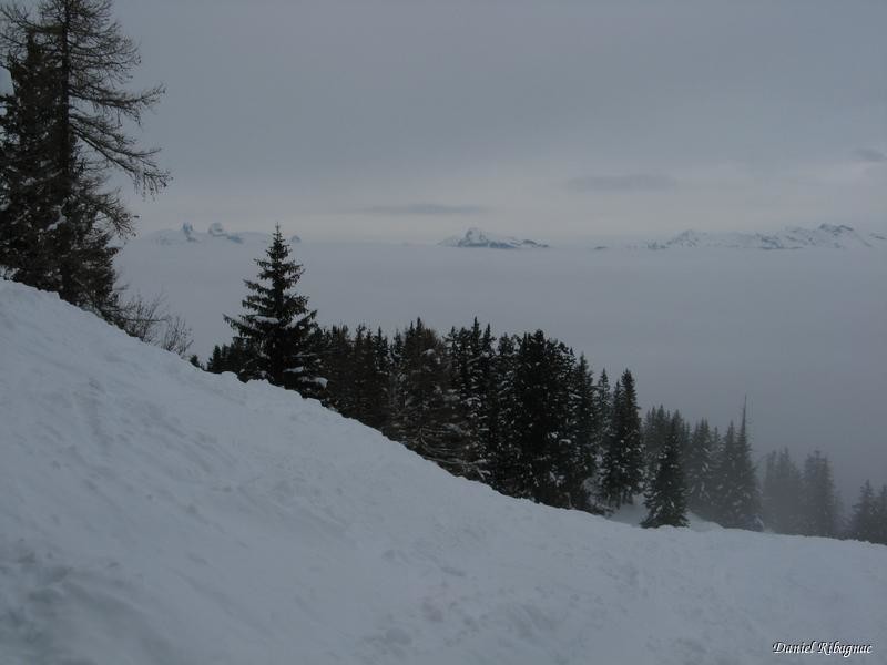 Juste sous le sommet, on sort du stratus et découvrons les Tours d'Aï/Mayen, Grand Chamossaire et le Pic Chaussy