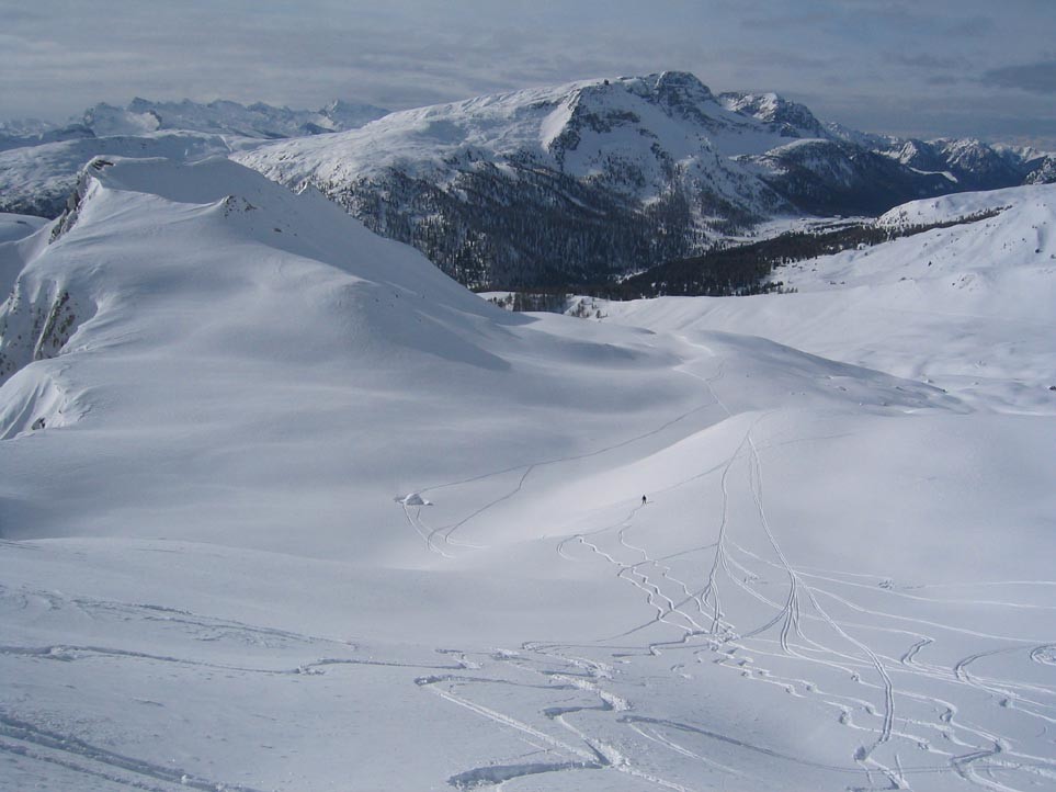 La descente sur Valfredda, beaucoup moins tracée.