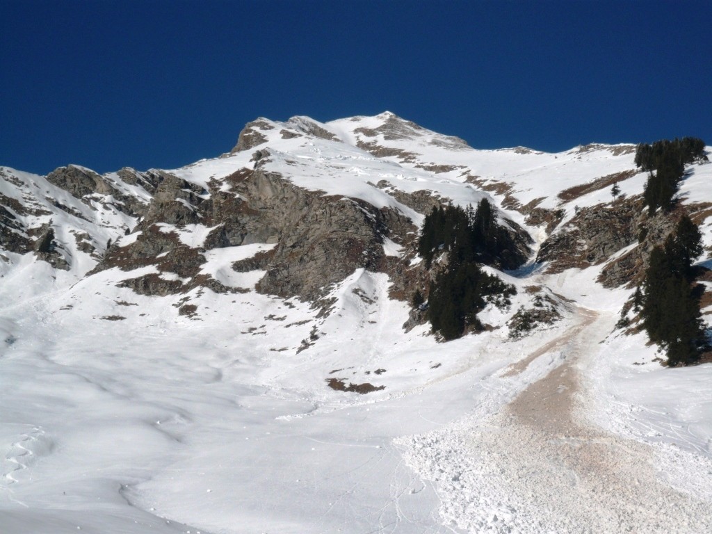 Vue sur le grand couloir S partant du sommet du Chaussy et déjà une purge avec la douceur. L'entrée du couloir SSW se devine sur la gauche.