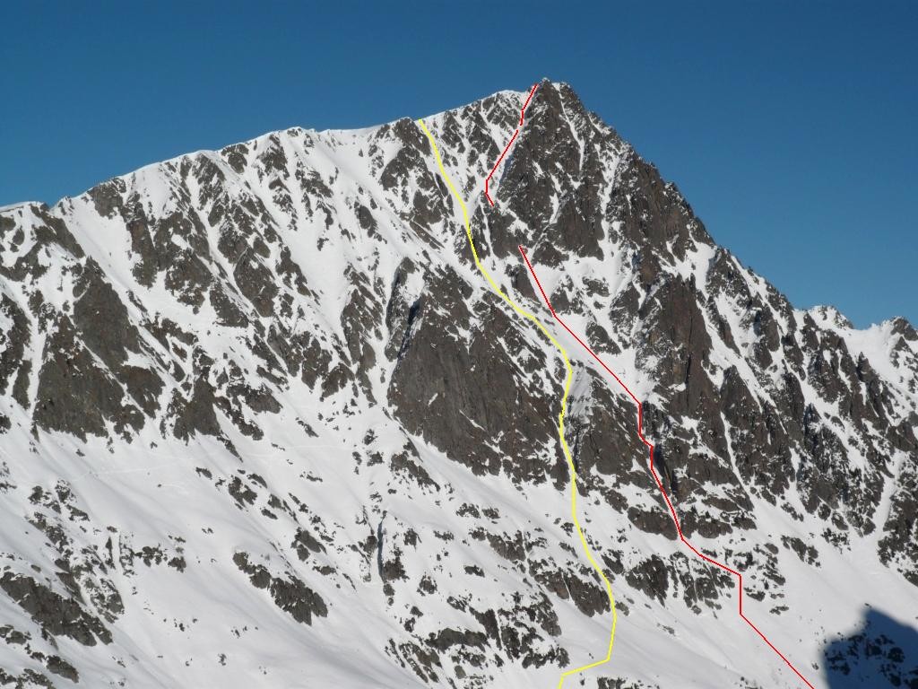 Face S du Luisin (les Increnes) : En jaune l'itinéraire décrit à la montée, en rouge, le couloir de gauche