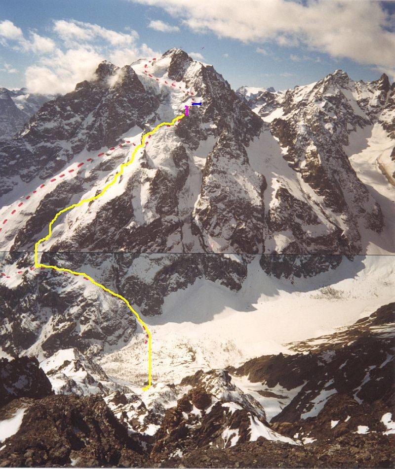 Traversée Pelvoux 2004 : iti descente, points rouge le classique, jaune le parcours fait cette fois , bleue traversée expo, fushia le rappel